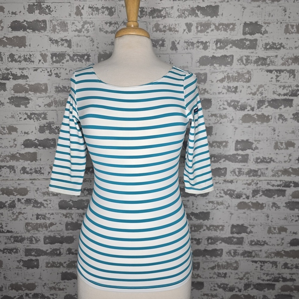 Saint James Top Womens XXS Made In France 3/4 Sleeve Scoop Neck Aqua Striped